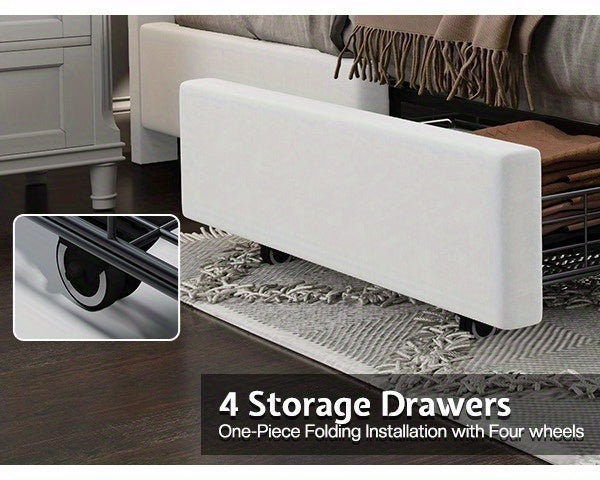 Queen/King Upholstered Platform Bed with LED Lights - 4 Storage Drawers& Adjustable Channeled Headboard, No Box Spring