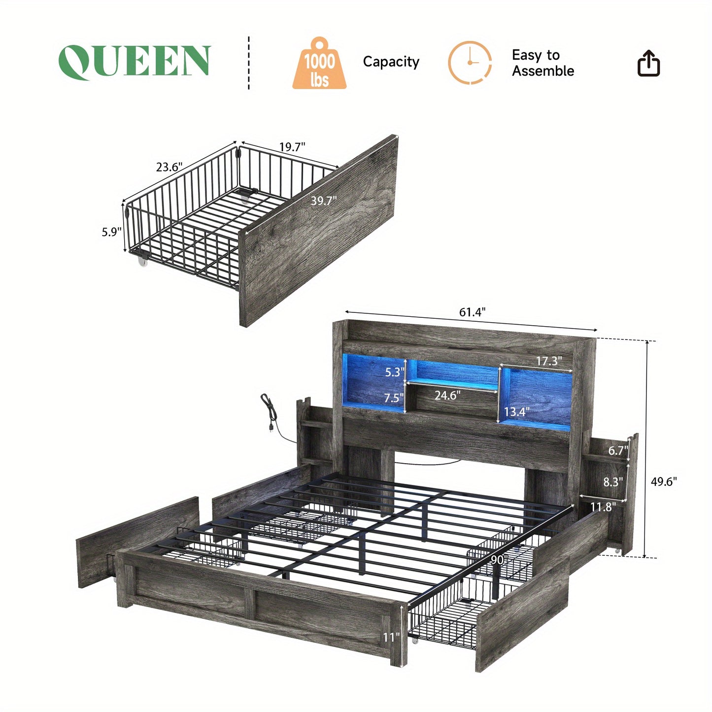 PAPABABE Bed Frame Featuring a 49.6-Inch Bookcase Headboard, Four Drawers, And Two Removable Storage Racks - a Farmhouse-Style Wooden Bed Frame Equipped with RGB LED Lights And a Charging Station, No Box Spring Required.