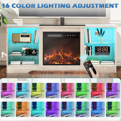 Fireplace TV Stand With 18''Fireplace, Modern Entertainment Center For TVs Up To 65 Inch, Media TV Console With Adjustable Glass Shelves And Storage Cabinets, Farmhouse TV Stand For Living Room