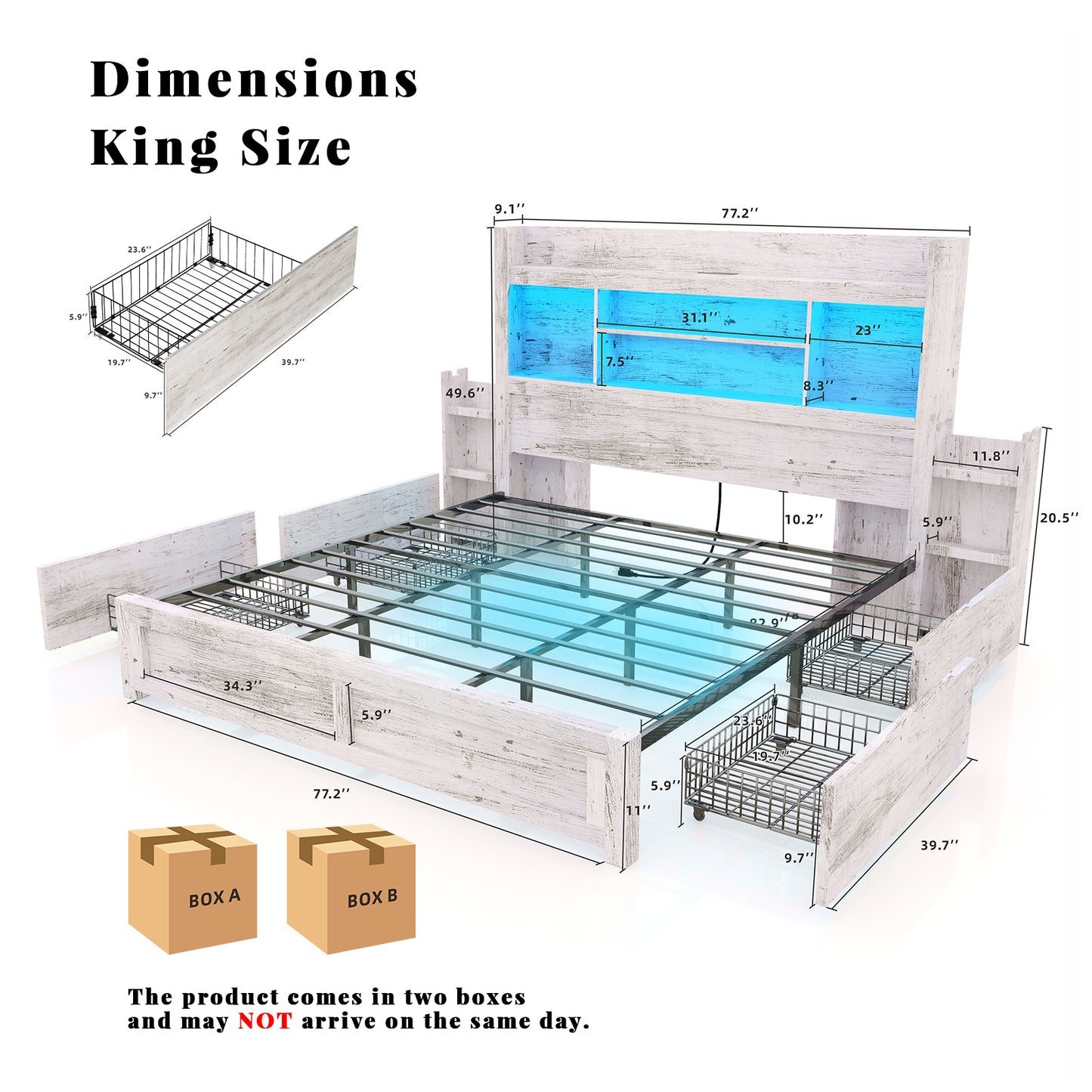PAPABABE Bed Frame Featuring a 49.6-Inch Bookcase Headboard, Four Drawers, And Two Removable Storage Racks - a Farmhouse-Style Wooden Bed Frame Equipped with RGB LED Lights And a Charging Station, No Box Spring Required.