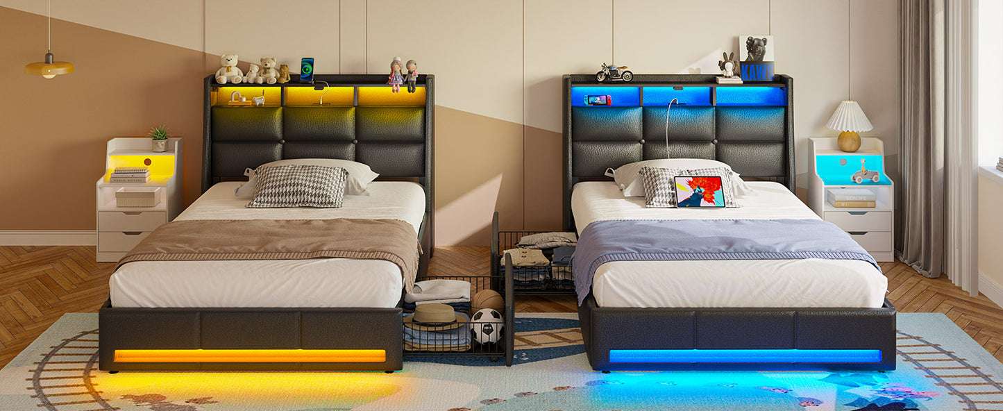 Twin Full Queen Bed Frame with LED Lighting, Built-in Charging Station, have RemotePU Leather/neutral-toned linen fabric Storage Headboard & Drawers,Heavy Duty Wood Slats, Quick & Easy Assembly - Perfect for Bedroom Furniture