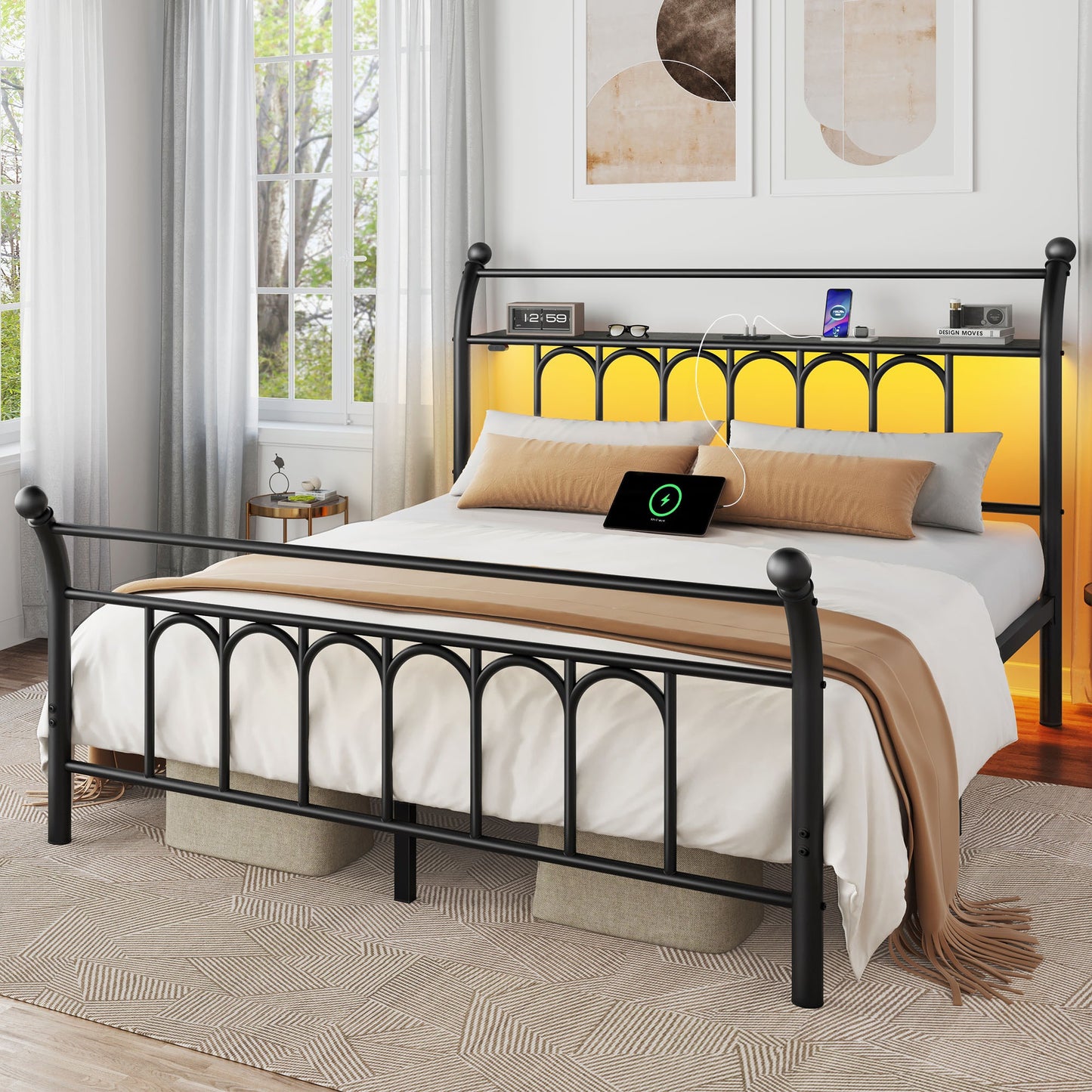 Classic Metal Platform Bed Frame with Victorian Style Iron-Art Headboard/Footboard/Under Bed Storage/No Box Spring Needed