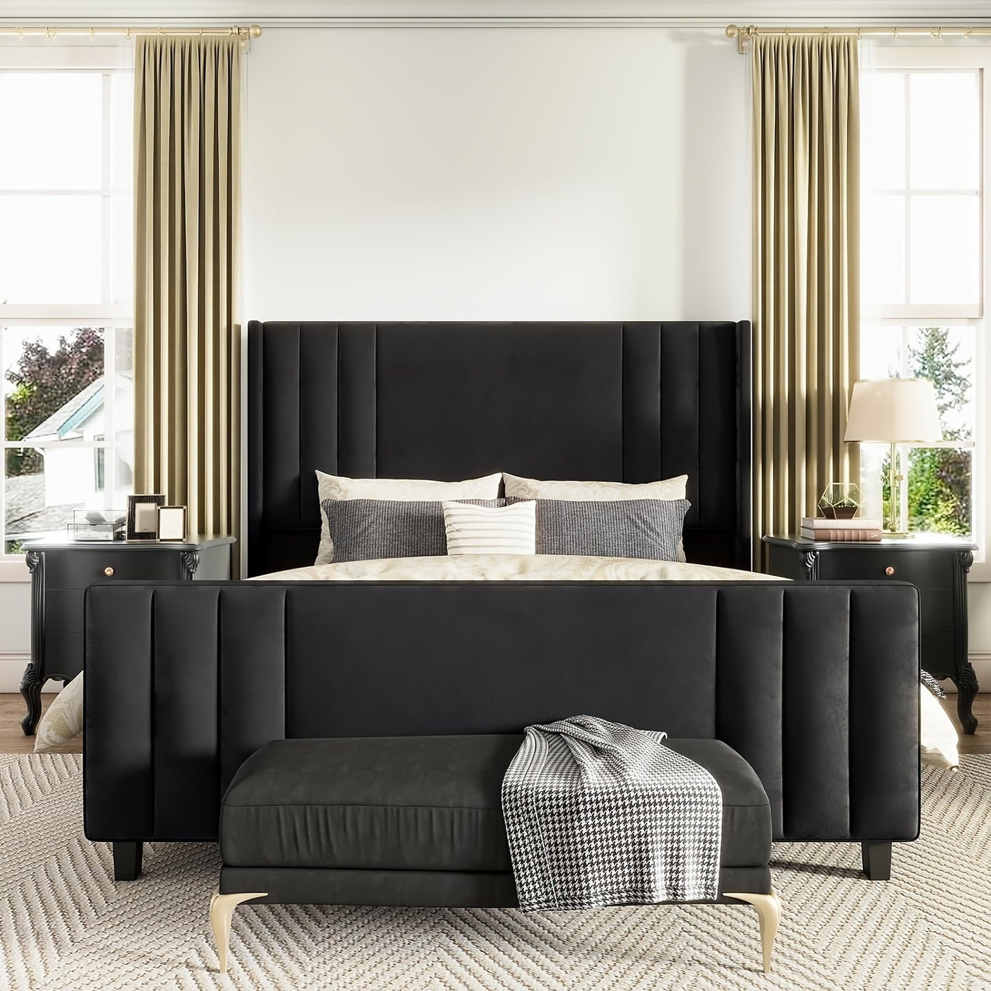 King Velvet Upholstered Platform Bed Frame with Vertical Channel Tufted Headboard and Footboard/Wingback, Mattress Foundation with Wood Slats Black