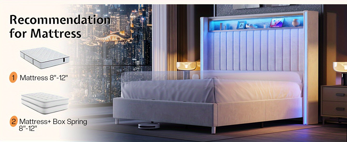 PaPaJet Bed Frame with LED Lights And Charging Station, Velvet Upholstered Platform Bed with 53" Tall Storage Headboard And Wingbacks, No Box Spring Needed