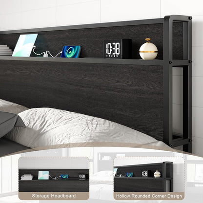 Black/King Elevating Storage Bed Frame: Wooden Platform Design Incorporating Lifting Storage and Charging Station, Eliminating the Need for a Spring Box and Ensuring Noiselessness