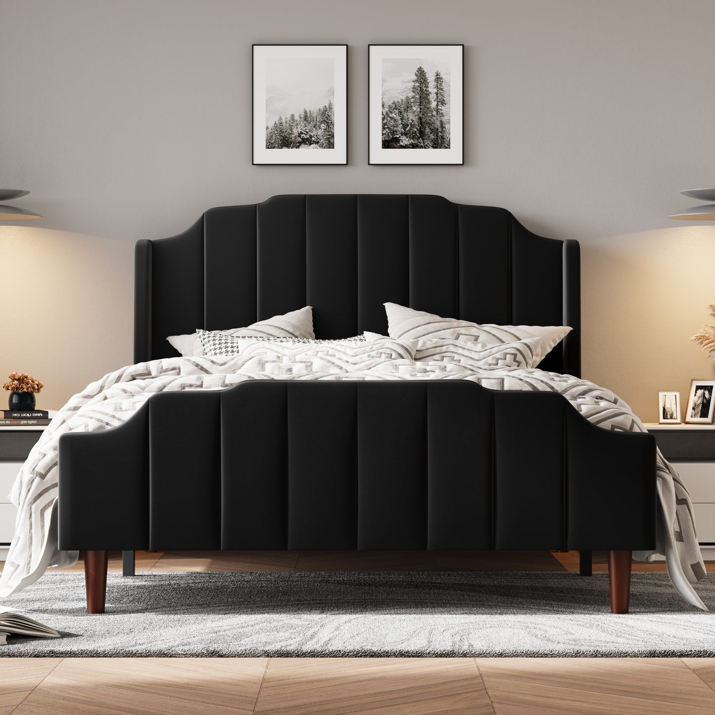 HOOMIC Velvet Queen Size Bed Frame With Wingback Headboard