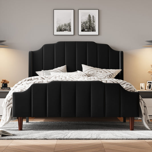 HOOMIC Velvet Queen Size Bed Frame With Wingback Headboard