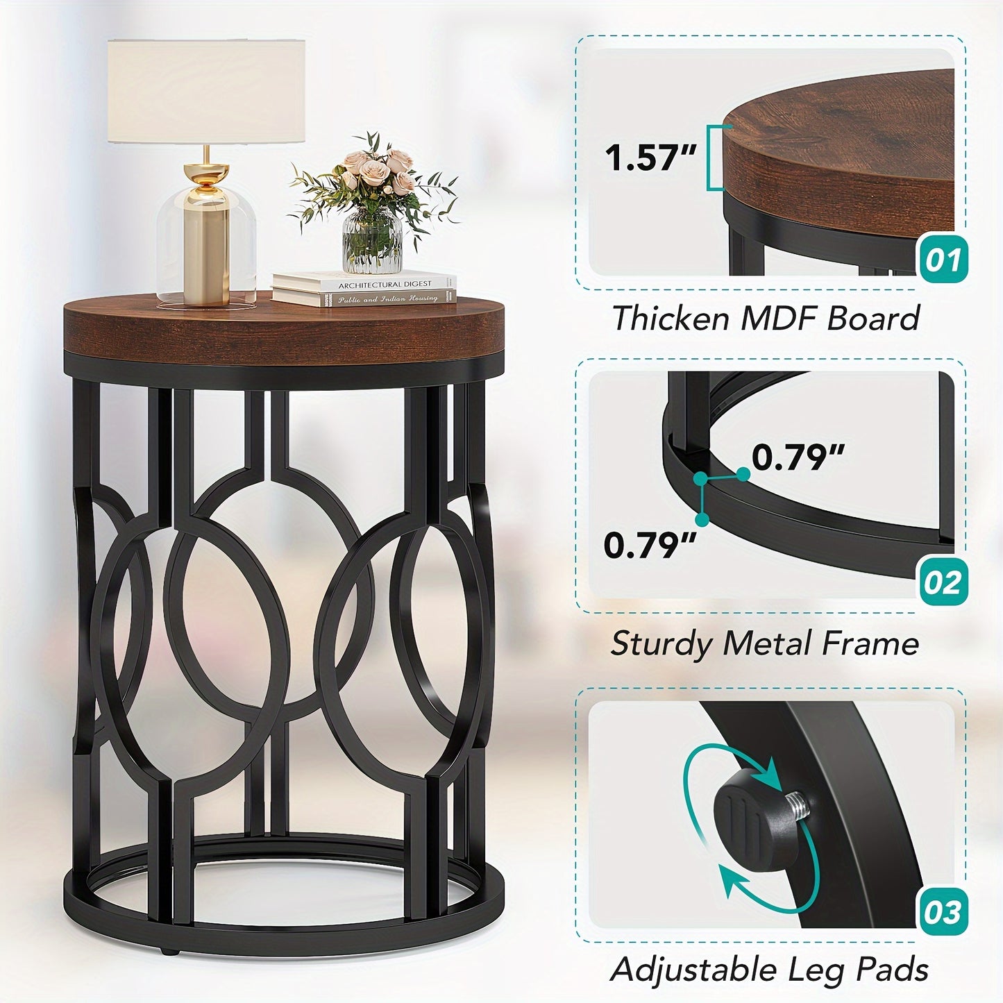 LITTLE TREE Round End Table, Industrial SideTable with Metal Hollow Frame, Small Bedside Table Nightstand for Living Room, Bedroom, Easy Assembly (Rustic Brown)