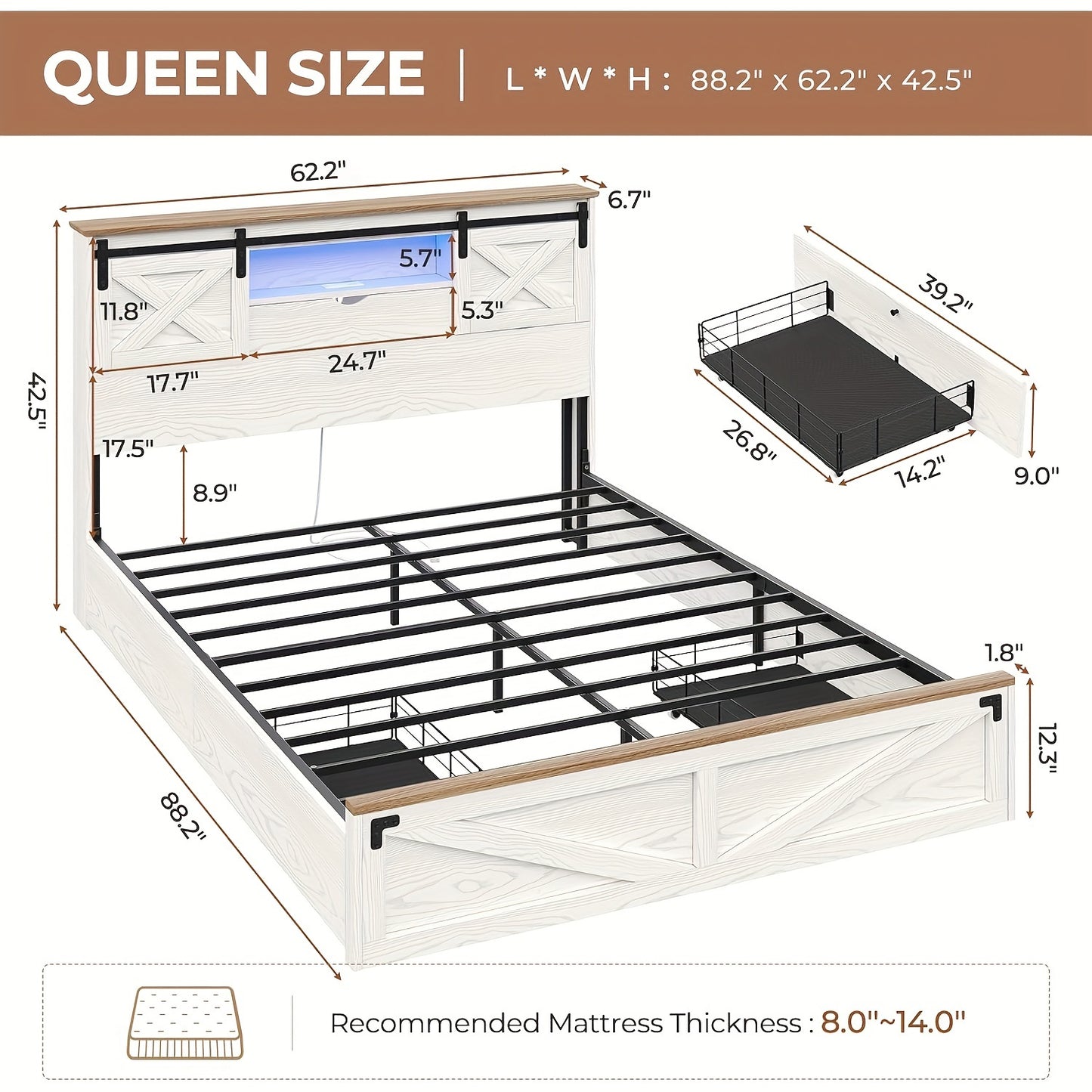 Farmhouse Metal Bed Frame with LED Lights & Charging Station, Queen Size Platform Bed with Storage Shelves & 2 Drawers, Walnut White