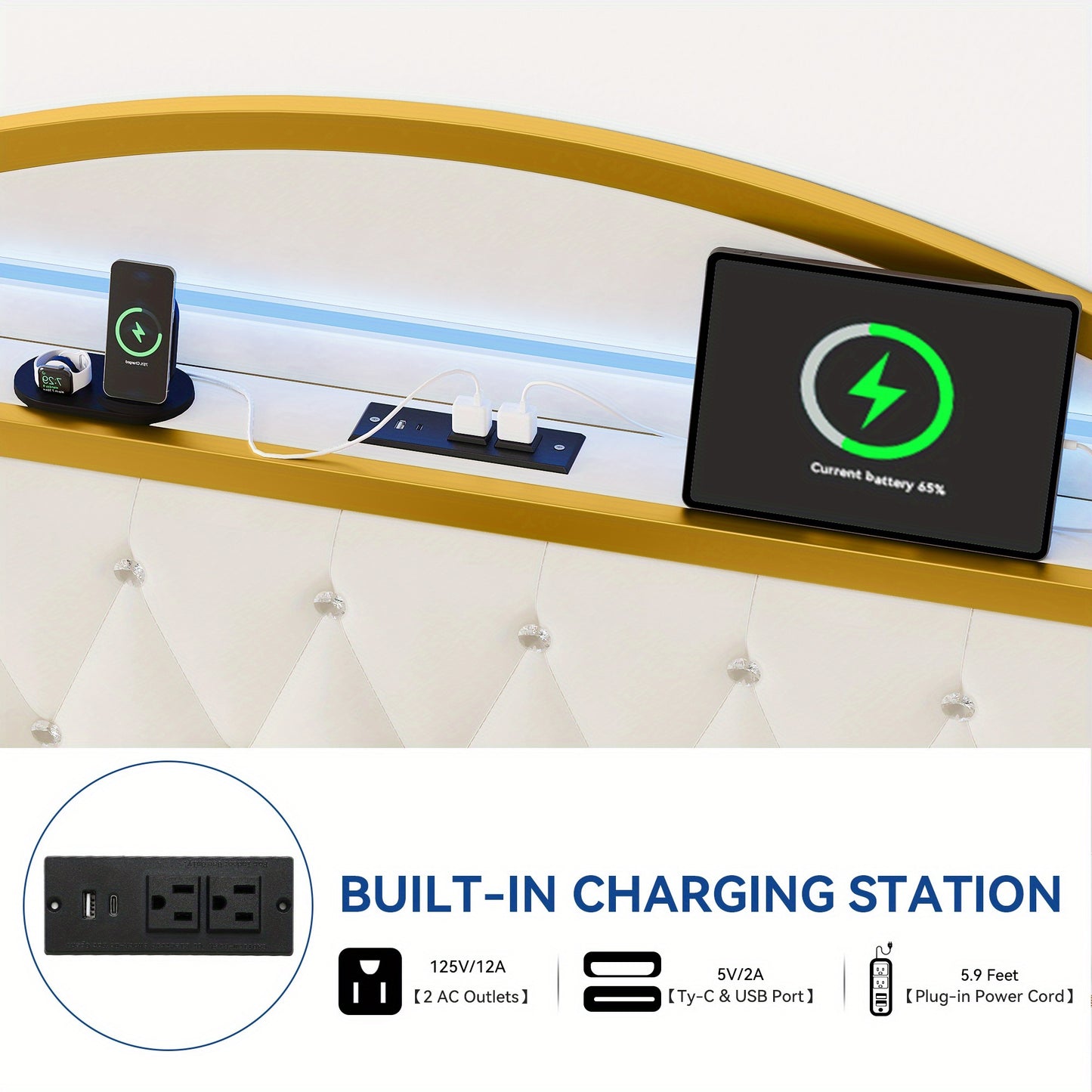 Queen Bed Frame with LED Lights, Platform Upholstered Bed with 4 Storage Drawers and Charging Station, Crystal Button- Tufted Headboard Footboard, No Box Spring Needed- White