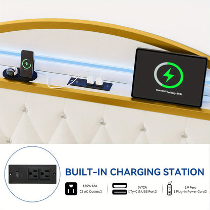 Queen Bed Frame with LED Lights, Platform Upholstered Bed with 4 Storage Drawers and Charging Station, Crystal Button- Tufted Headboard Footboard, No Box Spring Needed- White