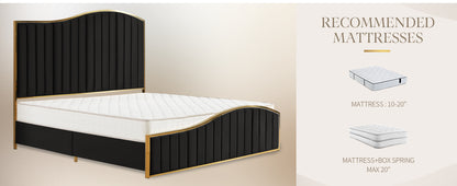Velvet Bed Frame, 61.4" High Headboard Platform Bed Velvet Upholstered with Gold Trim & Footboard, Black