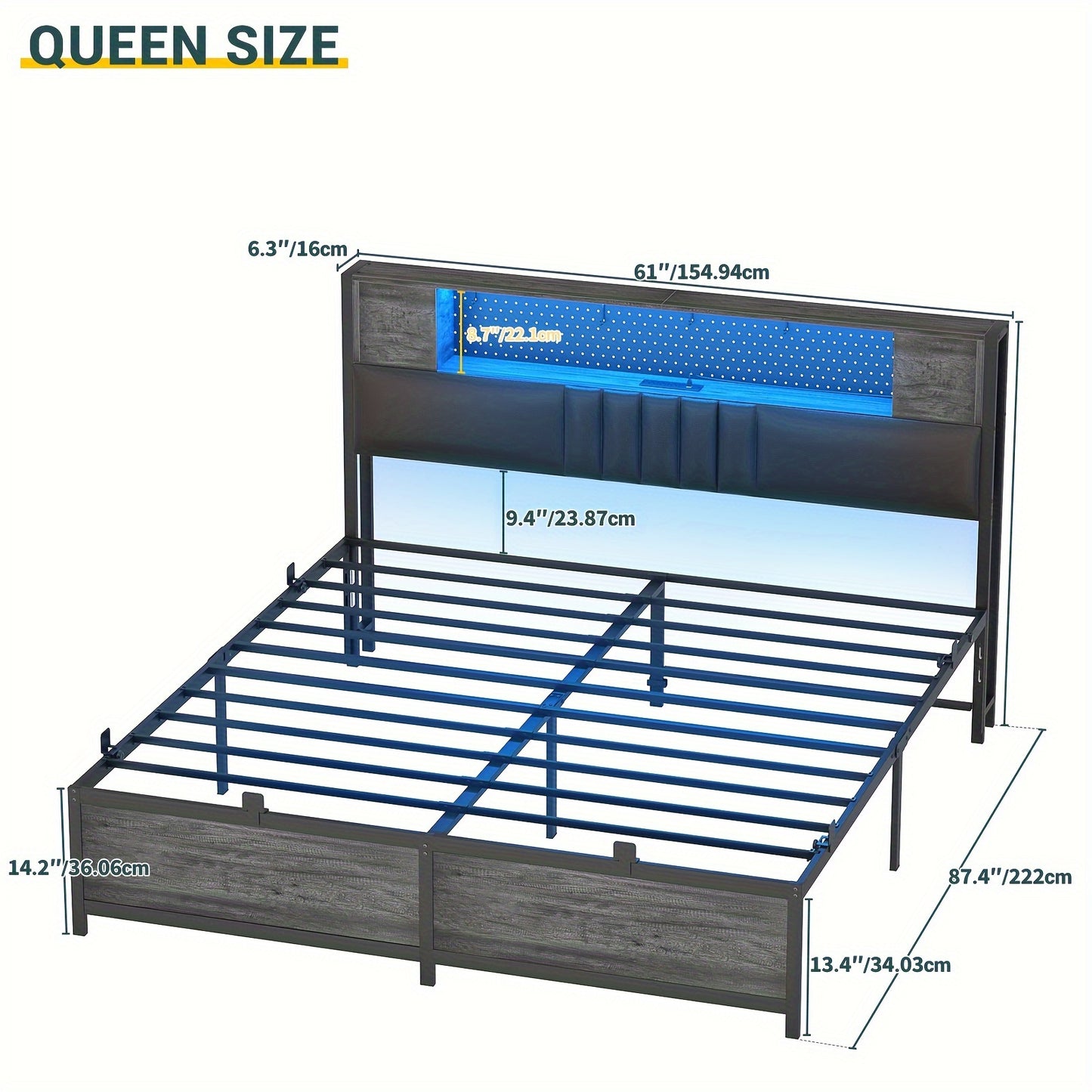 Unikito Queen Bed Frame with LED Light & Power Outlet, Platform Bed with Upholstered Headboard and Storage Cabinet, Heavy Duty Metal Slats, No Box Spring Needed, Easy Assembly, Noise-Free, Black Oak