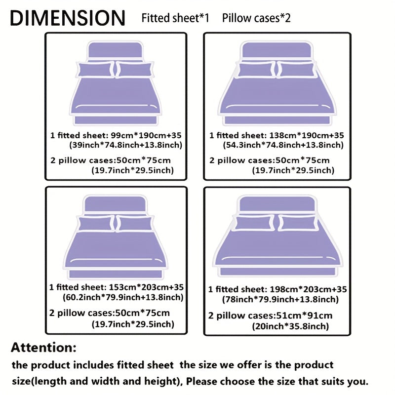 3pcs Cool Technology Digital Printing Material Plaid Fitted Sheet(1pc Bed Sheet+2pcs Pillowcase No Filling)Deep Pocket In 15 Inch At Home Dormitory Suitable for All Seasons Mattress Protector