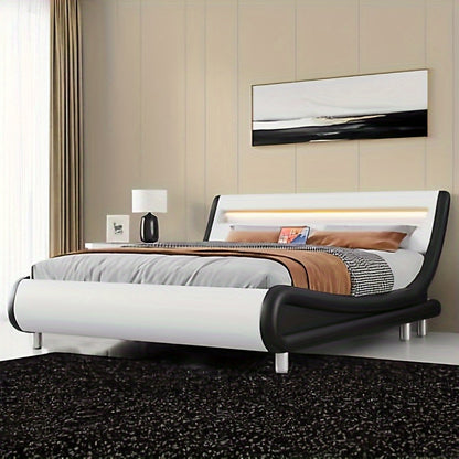 Queen Bed Frame with Ergonomic Headboard, Upholstered Led Bed Frame with Lights and Charging Station, Platform Bed Frame with Premium Pu Leather No Box Spring Needed, White