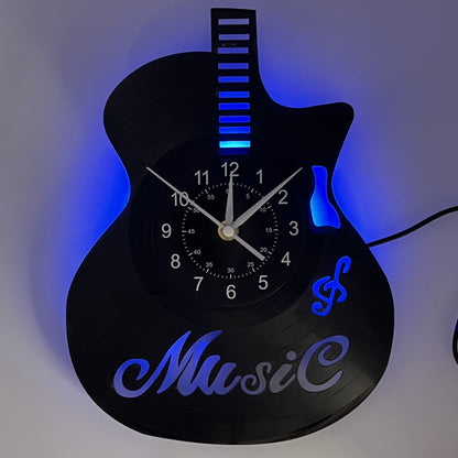 [Unique Vinyl Record Wall Clock] Unique Vinyl Record LED Wall Clock - Guitar-Shaped, Musical Theme, Irregular Shape, Flat Crown, Digital Display, Battery Operated (AA Not Included) - Ideal for Living Room, Bedroom, Office, Mu