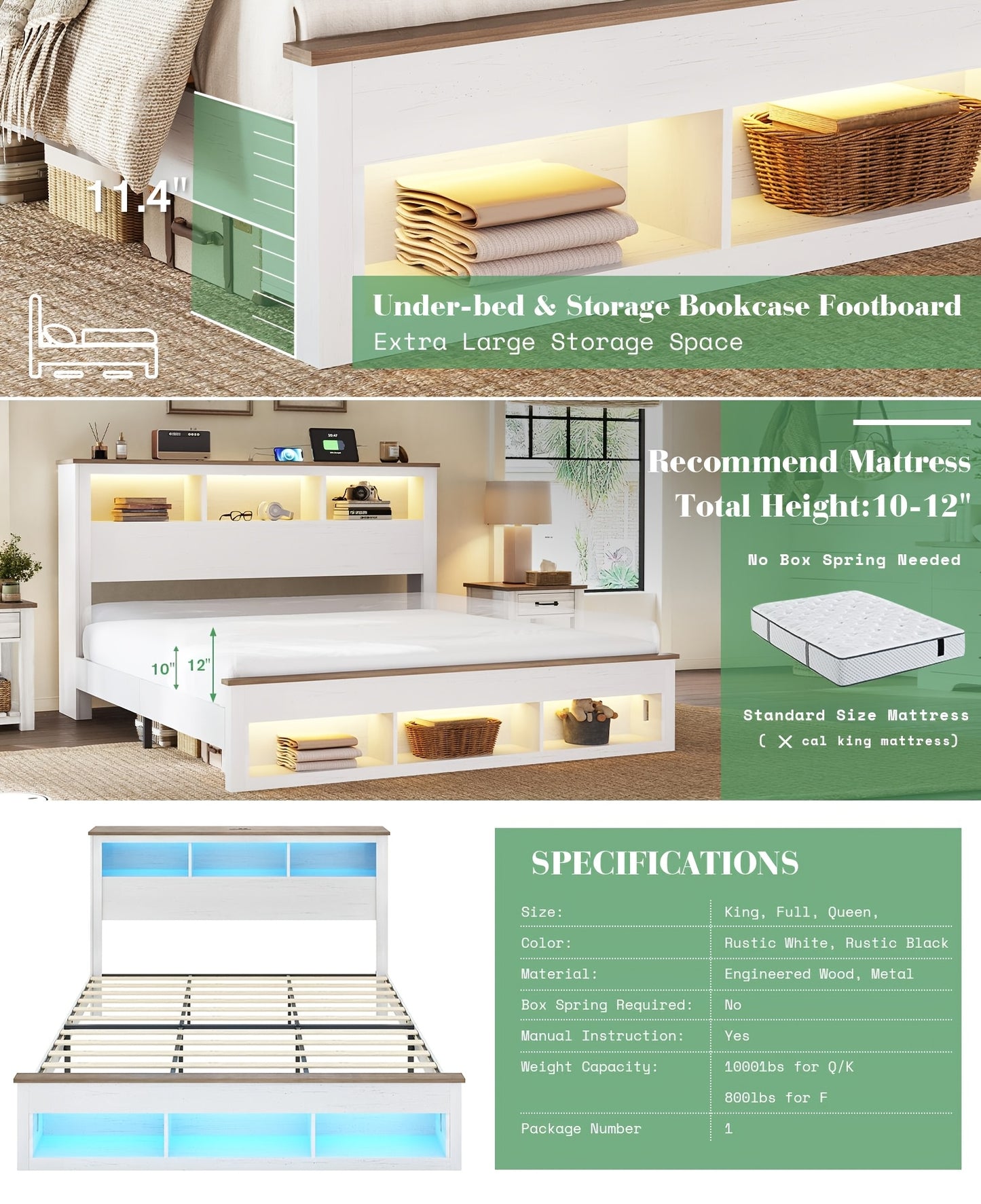 Platform Bed in Farmhouse Style Featuring a Storage Headboard And Footboard, Integrated LED Lighting, And a Charging Station - Does Not Need a Box Spring.