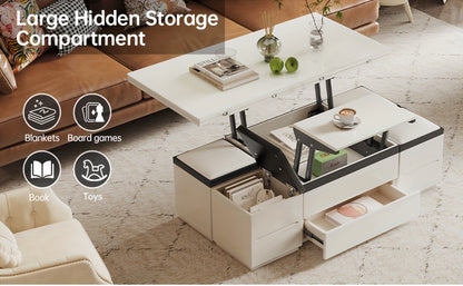 Extendable Coffee Table - 4 Storage Stools & Lift Top