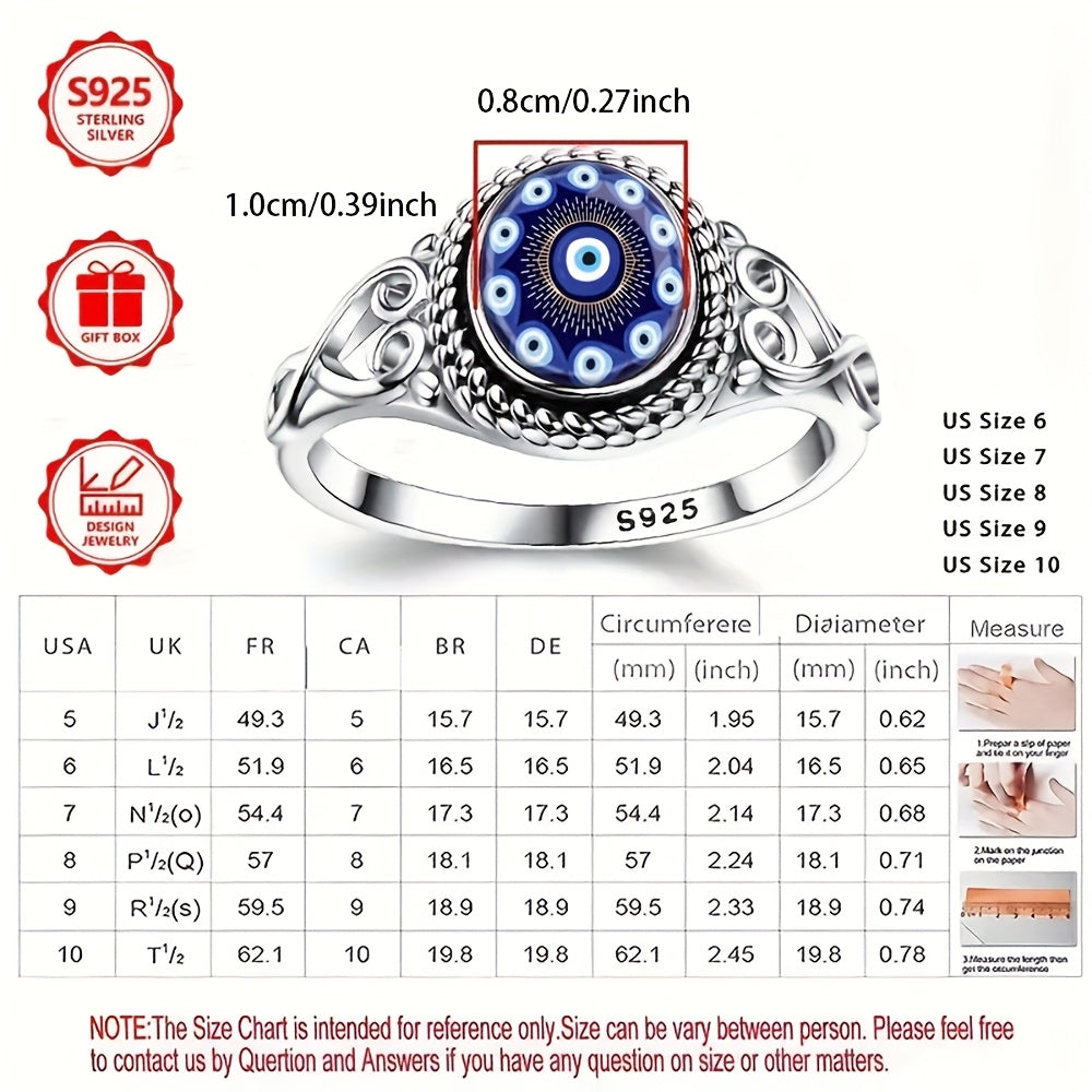 Bohemian Blue Eye Amulet Ring - 925 Silvery-Tone Metal Jewelry with Intricate Beadwork, Protection & Blessing Design for Engagement, Wedding, For Teenager