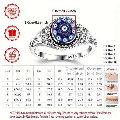 Bohemian Blue Eye Amulet Ring - 925 Silvery-Tone Metal Jewelry with Intricate Beadwork, Protection & Blessing Design for Engagement, Wedding, For Teenager