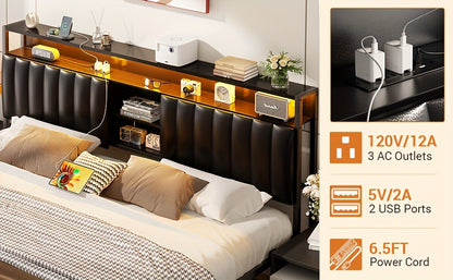 Aheaplus Queen Size Bed Frame with Charging Station & Led Lights, Platform Bed with Leather Upholstered Headboard and Storage, Metal Slats Support No Box Spring Needed, Noise-Free, Black