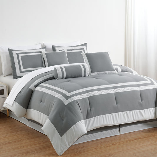 Caprice 7-Piece Modern Hotel Style Square Pattern Comforter Set with Decorative Pillows, Cal King/King/Queen/Full Size