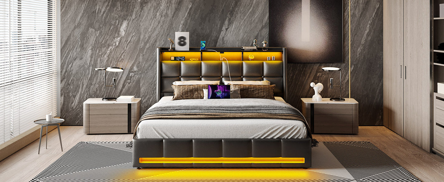 Twin Full Queen Bed Frame with LED Lighting, Built-in Charging Station, have RemotePU Leather/neutral-toned linen fabric Storage Headboard & Drawers,Heavy Duty Wood Slats, Quick & Easy Assembly - Perfect for Bedroom Furniture