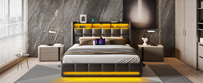 Twin Full Queen Bed Frame with LED Lighting, Built-in Charging Station, have RemotePU Leather/neutral-toned linen fabric Storage Headboard & Drawers,Heavy Duty Wood Slats, Quick & Easy Assembly - Perfect for Bedroom Furniture