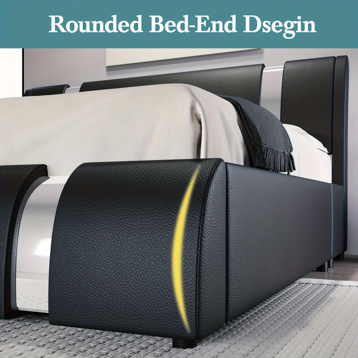 HOOMIC Modern Faux Leather Bed Frame With Iron Pieces Decor, Low Profile Platform Bed With Height-Adjustable Headboard, Solid Wood Slat Support, No Box Spring Needed