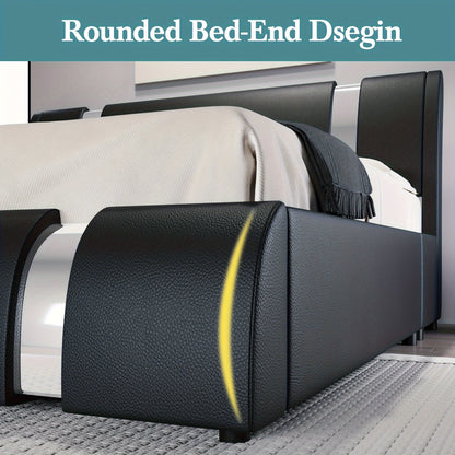 HOOMIC Modern Faux Leather Bed Frame With Iron Pieces Decor, Low Profile Platform Bed With Height-Adjustable Headboard, Solid Wood Slat Support, No Box Spring Needed