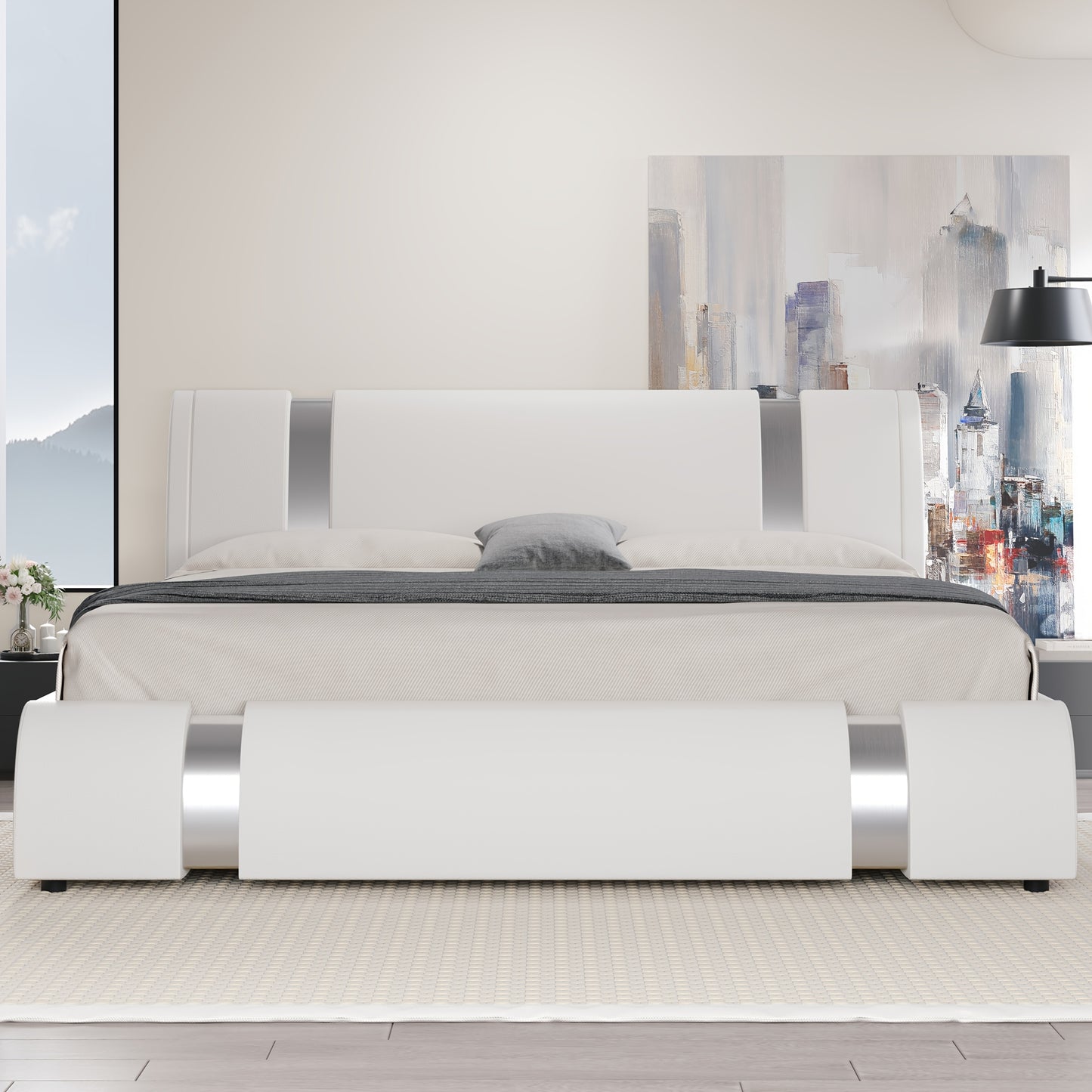 HOOMIC Modern Faux Leather Bed Frame With Iron Pieces Decor, Low Profile Platform Bed With Height-Adjustable Headboard, Solid Wood Slat Support, No Box Spring Needed