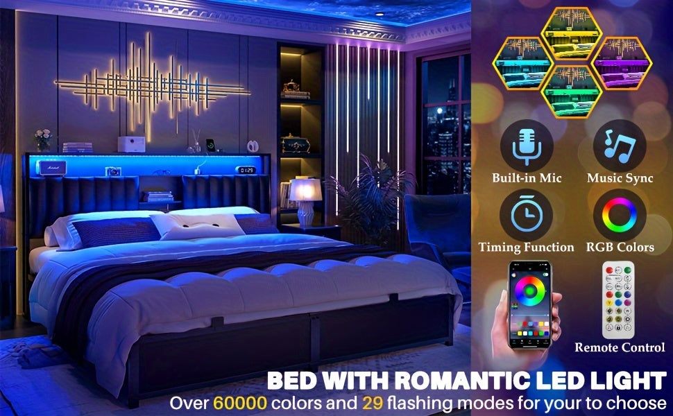 Aheaplus Queen Size Bed Frame with Charging Station & Led Lights, Platform Bed with Leather Upholstered Headboard and Storage, Metal Slats Support No Box Spring Needed, Noise-Free, Black