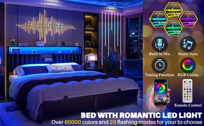 Aheaplus Queen Size Bed Frame with Charging Station & Led Lights, Platform Bed with Leather Upholstered Headboard and Storage, Metal Slats Support No Box Spring Needed, Noise-Free, Black