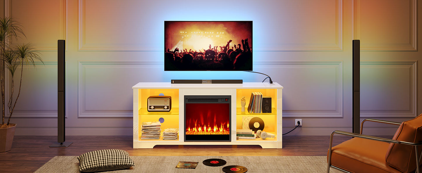 Fireplace TV Stand with Led Lights and Power Outlets, TV Stand for 45 50 55 60 65 inch TVs, Entertainment Center with Electric Fireplace, Modern TV Console with Glass Shelves