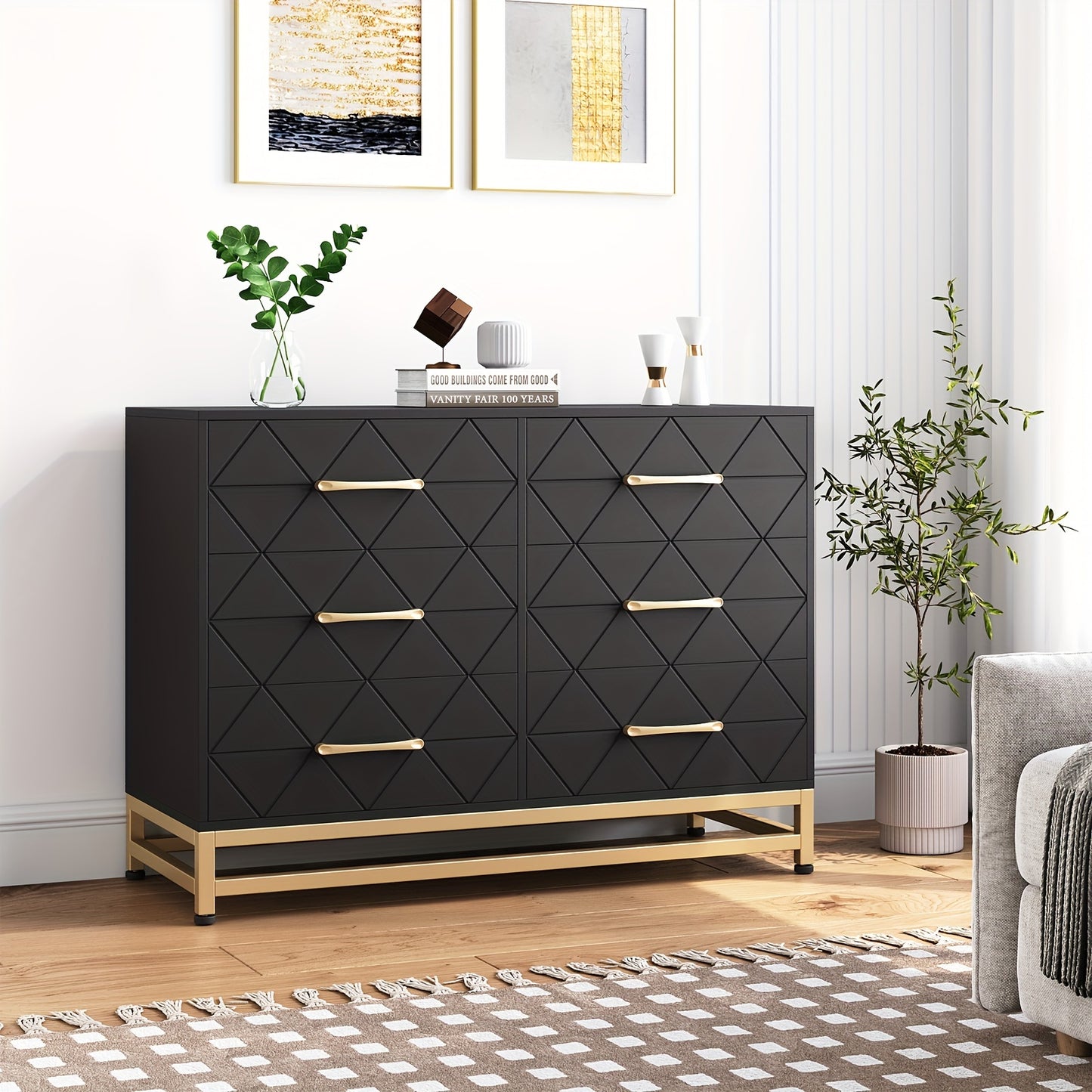 6-Drawer Dresser TV Stand - Wood Chest with Metal Handles