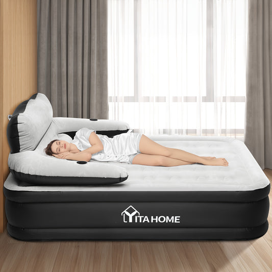 Queen Size Air Mattress With Headboard, 18in Inflatable With Pillow, Blow Up Mattress With Removable Electric Pump, Comfort Air Bed Queen For Camping & Home