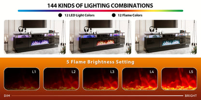 70"/80" Modern Electric Fireplace TV Stand For TVs Up To 80 Inch, With Electronic Flame And LED Lights, Luxury High Gloss Finish Entertainment Center For Living Room, Black