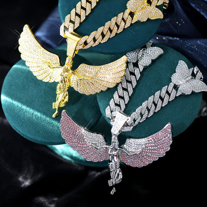 Glamorous Rhinestone Angel Winged Goddess Pendant Necklace with Butterfly - Unisex Zinc Alloy Cuban Chain for Party, Street Style, Night Club - Hip Hop Rapper Jewelry, Thanksgiving and Christmas Gift
