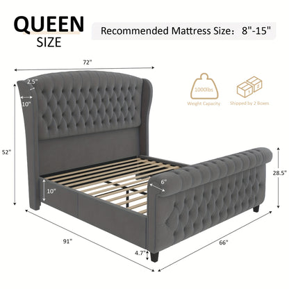 Platform Bed Frame, Chenille Upholstered Sleigh Bed with Scroll Wingback Headboard & Footboard/Button Tufted/No Box Spring Required/