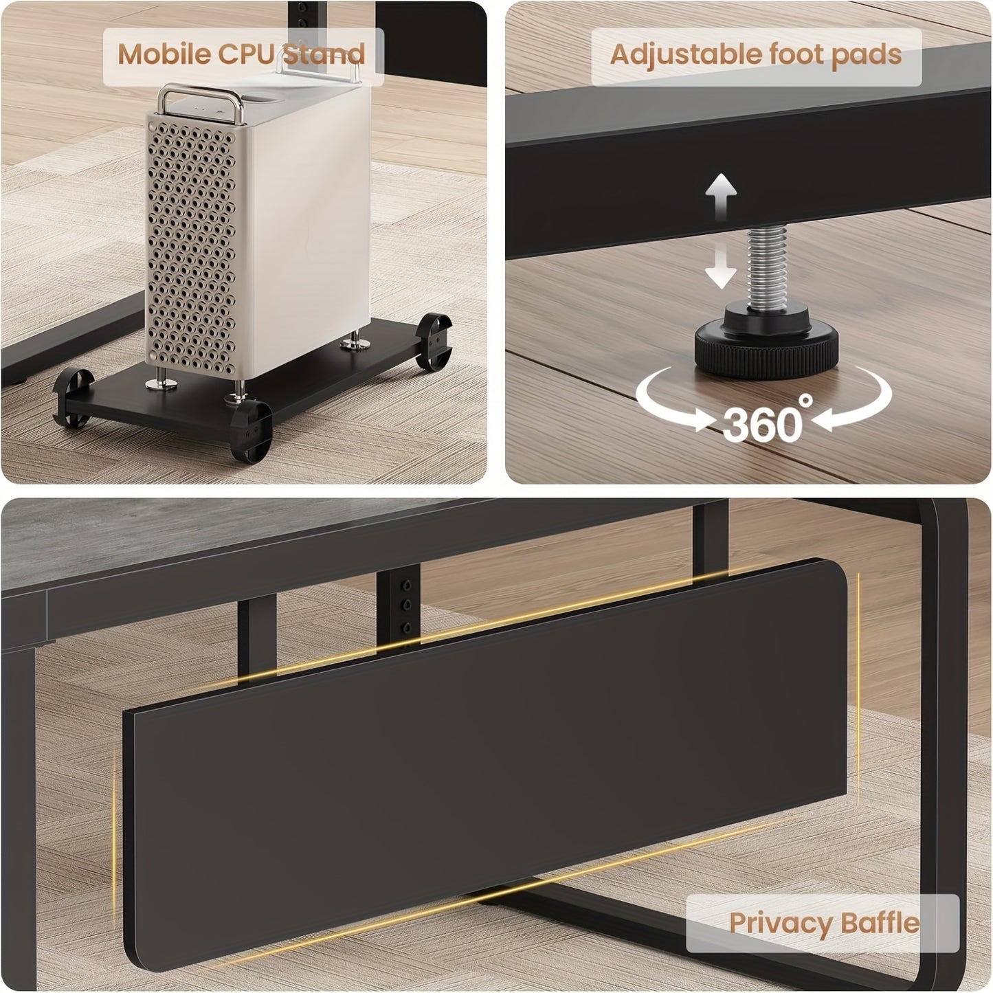 Modern 63" L-Shaped Executive Desk with Mobile CPU Stand, File Cabinet & Drawers - Spacious Gray Metal Office Desk for Home, Workspace Storage & Charging Station, Adjustable Height, Minimalist Design, Workspace Furniture | Mo