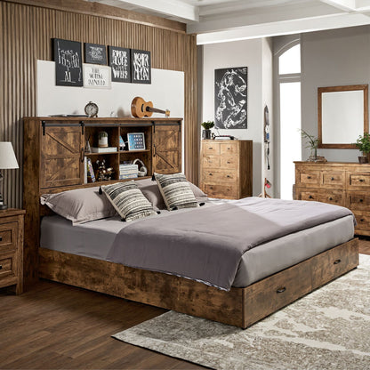 Farmhouse-Style Wooden Platform Bed Frame Boasting a 51.2" Bookcase Headboard, Integrated Storage with a Sliding Barn Door Charging Station and 2 Drawers - No Box Spring Required, Totally Noise-Free