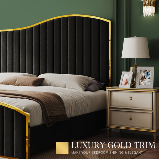 King size 61.4" High Headboard Platform Bed Velvet Upholstered with Golden Trim & Footboard Black