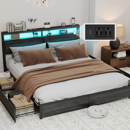 Bed Frame Available in Full, Queen, And King Sizes Featuring LED Lights And a Charging Station. This Metal Platform Bed Includes a Two-Tier Wooden Storage Headboard And Four Storage Drawers. It Operates Quietly, Does Not Requ