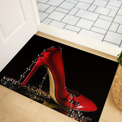 Luxurious Red High Heels & Beads Velvet Area Rug - Non-Slip, Durable For Living Room, Bedroom, Entryway - Foldable Design For Easy Cleaning - Multiple Sizes Available