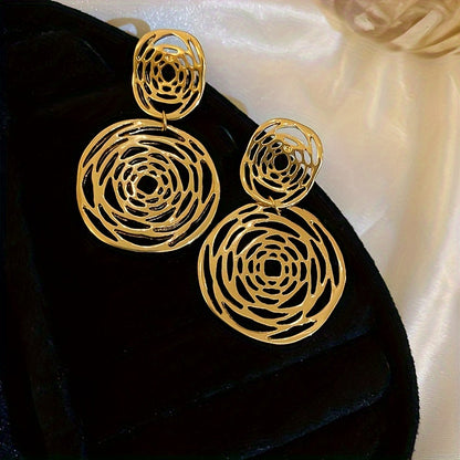 Elegant Middle Eastern Style Round Hollow-Out Earrings, Luxurious Alloy with 925 Silvery Posts for Daily Wear and Parties
