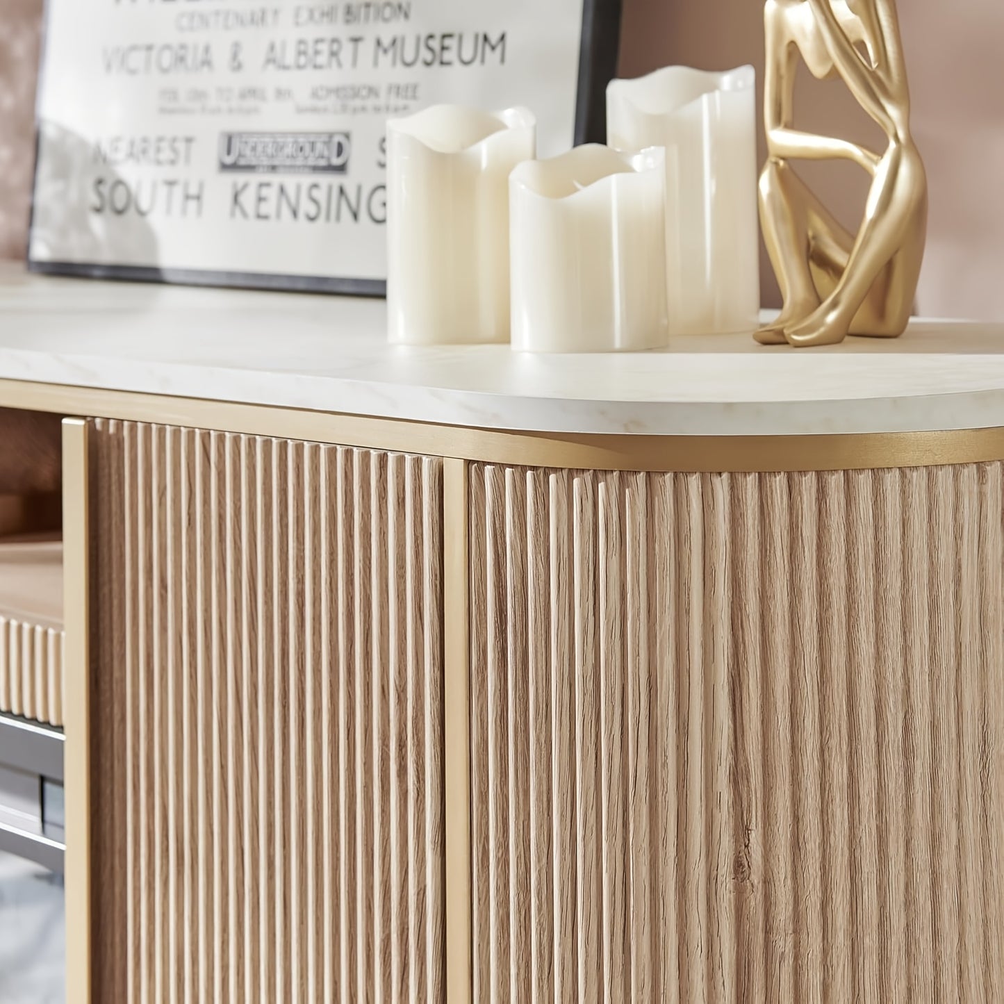 [Luxury Living] Luxury 70" Fluted Fireplace TV Stand, Modern Chic Entertainment Center for TVs Up to 80", White with Golden Accents, Faux Marble Top, Curved Design, Media Console for Living Room, Media Storage Unit | Sophisti