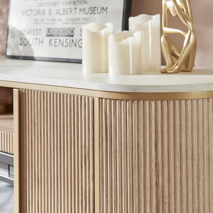 [Luxury Living] Luxury 70" Fluted Fireplace TV Stand, Modern Chic Entertainment Center for TVs Up to 80", White with Golden Accents, Faux Marble Top, Curved Design, Media Console for Living Room, Media Storage Unit | Sophisti