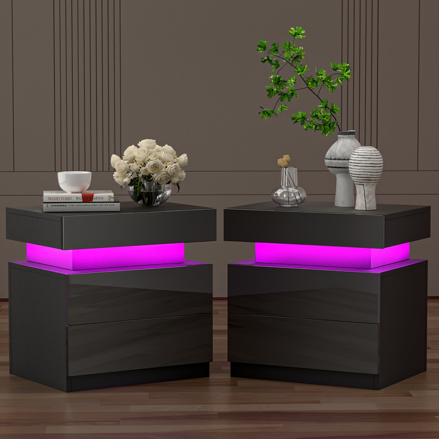 Nightstand with LED Lights, 3 Drawers and 1 Flapping Top Storage Box, White Night Stand for Bedroom, Modern Tall Bedside Table with High Gloss Panel, Glacier White, Darknight Black
