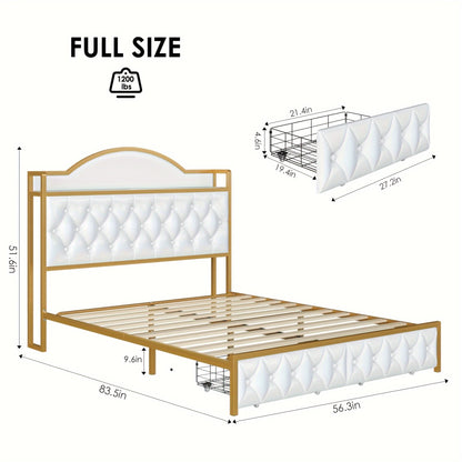FULTRU Full/Queen/King Size Bed Frame with Storage Headboard, Platform Bed Frame with Storage Headboard, Large Storage Drawers & Charging Station, No Box Spring Needed, Noise Free (White-PU, Cream-Velvet)