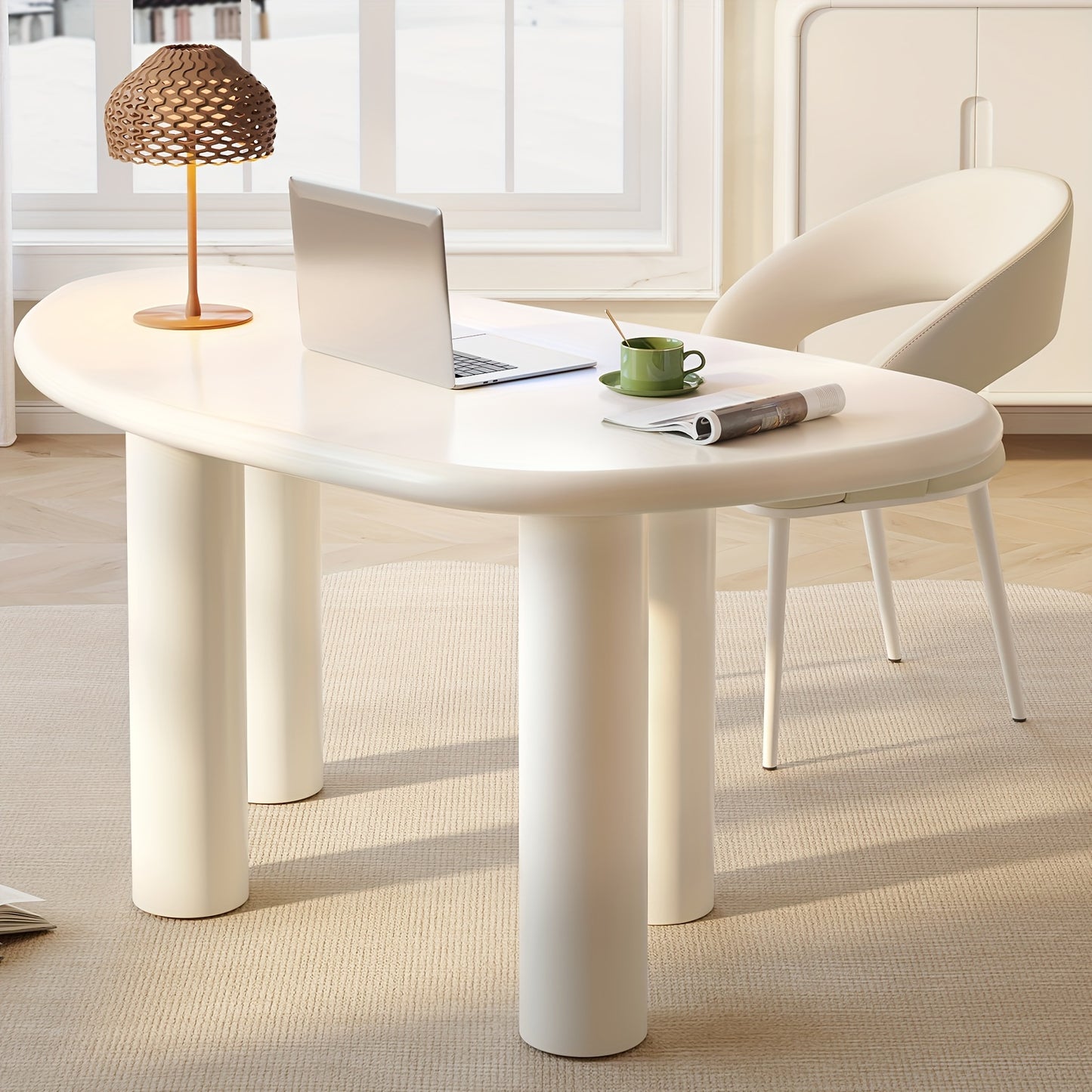 Large Office Desk, Wedge-Shaped Computer Office Desk, Modern Executive Desk, Creamy White Writing Study Desk For Study Room, Home Office, Easy Assembly, Guyii